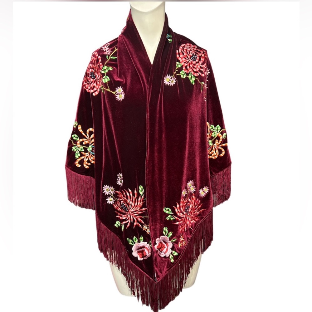 VTG Black Label Betsey Johnson Fringe Embroidered Velvet Shawl 90s Y2K